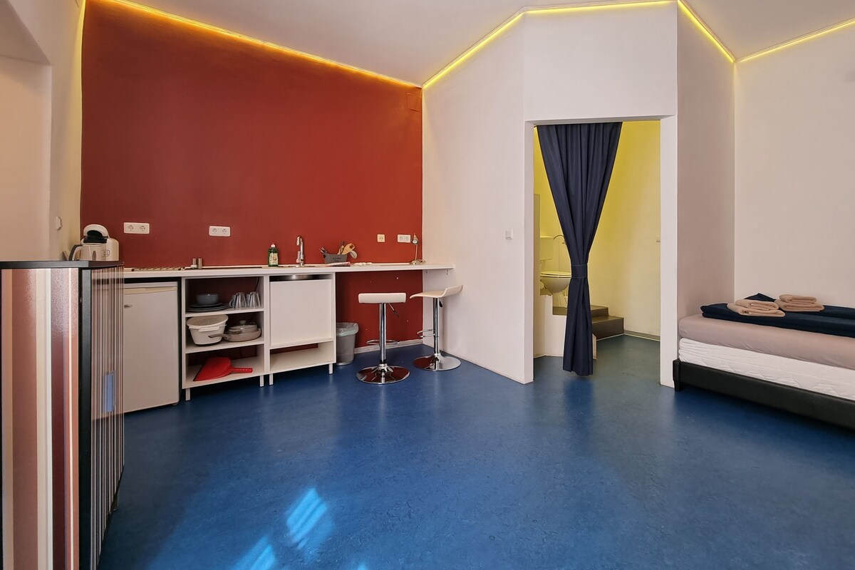 A compact room with a kitchenette, a bed, and a bathroom visible through a curtain.