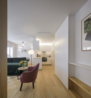 อพาร์ทเมนท์, 1 ห้องนอน | ครัวขนาดเล็กส่วนตัว | ไมโครเวฟ, เตาประกอบอาหาร, เครื่องชงกาแฟ/ชา, กาต้มน้ำไฟฟ้า