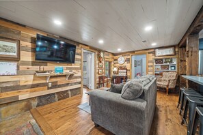 Smart TV, fireplace, DVD player, books