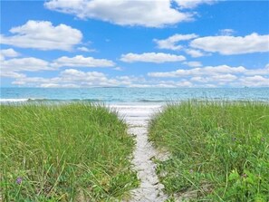 Ein Pfad, der zu einem Strand mit grasbewachsenen Ufern und einem klaren Himmel führt.