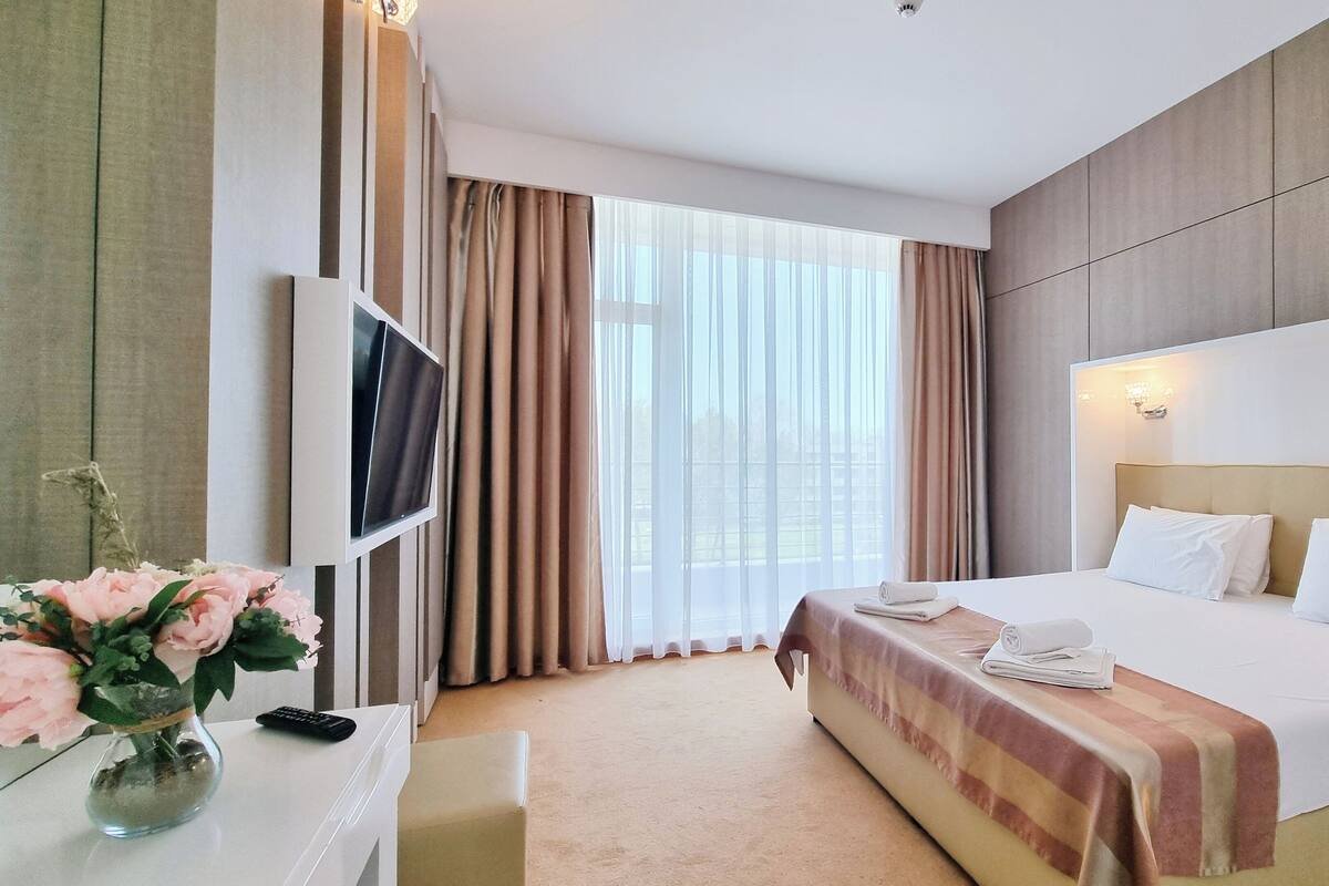 Une chambre d’hôtel avec un lit, une télévision, un bureau agrémenté d’un vase de fleurs et une vue sur l’extérieur.