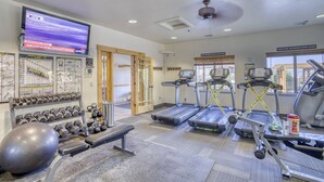 A gym with treadmills, dumbbells, and exercise balls.