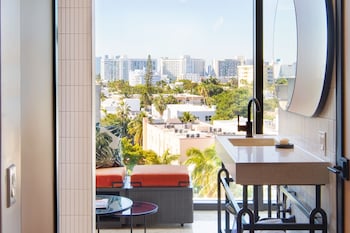 Hotel room view looking out at Moxy Miami South Beach