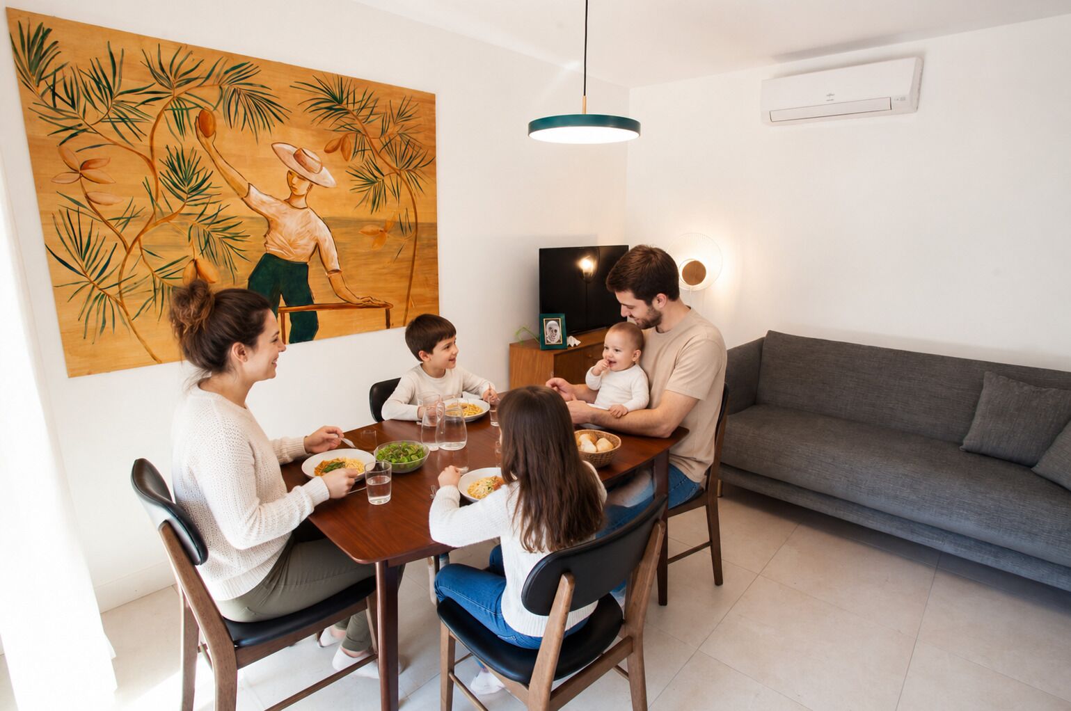 Eine Familie sitzt an einem Holztisch mit Stühlen, ein graues Sofa und ein Gemälde sind an der Wand zu sehen.