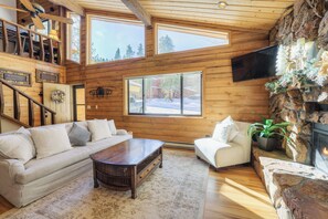 Smart TV, fireplace, DVD player, books