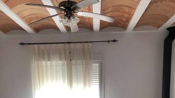 TV, fireplace, books