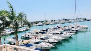 Un puerto deportivo con numerosas embarcaciones amarradas, palmeras y cielo despejado.