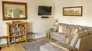 Un salon avec une bibliothèque, un téléviseur, un canapé et un tableau accroché au mur.