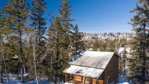 A wooden cabin with a metal roof surrounded by tall pine trees and a snowy landscape. - Summit Trails Lodge: Cozy, Hot Tub, Trail Access (Lead)
