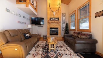 Smart TV, fireplace, video games, DVD player