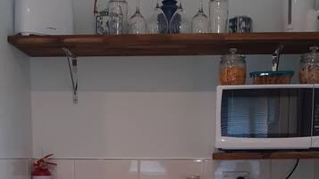 Fridge, microwave, electric kettle, toaster