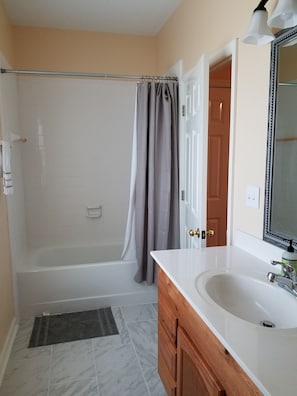 Combined shower/tub, hair dryer, towels, soap