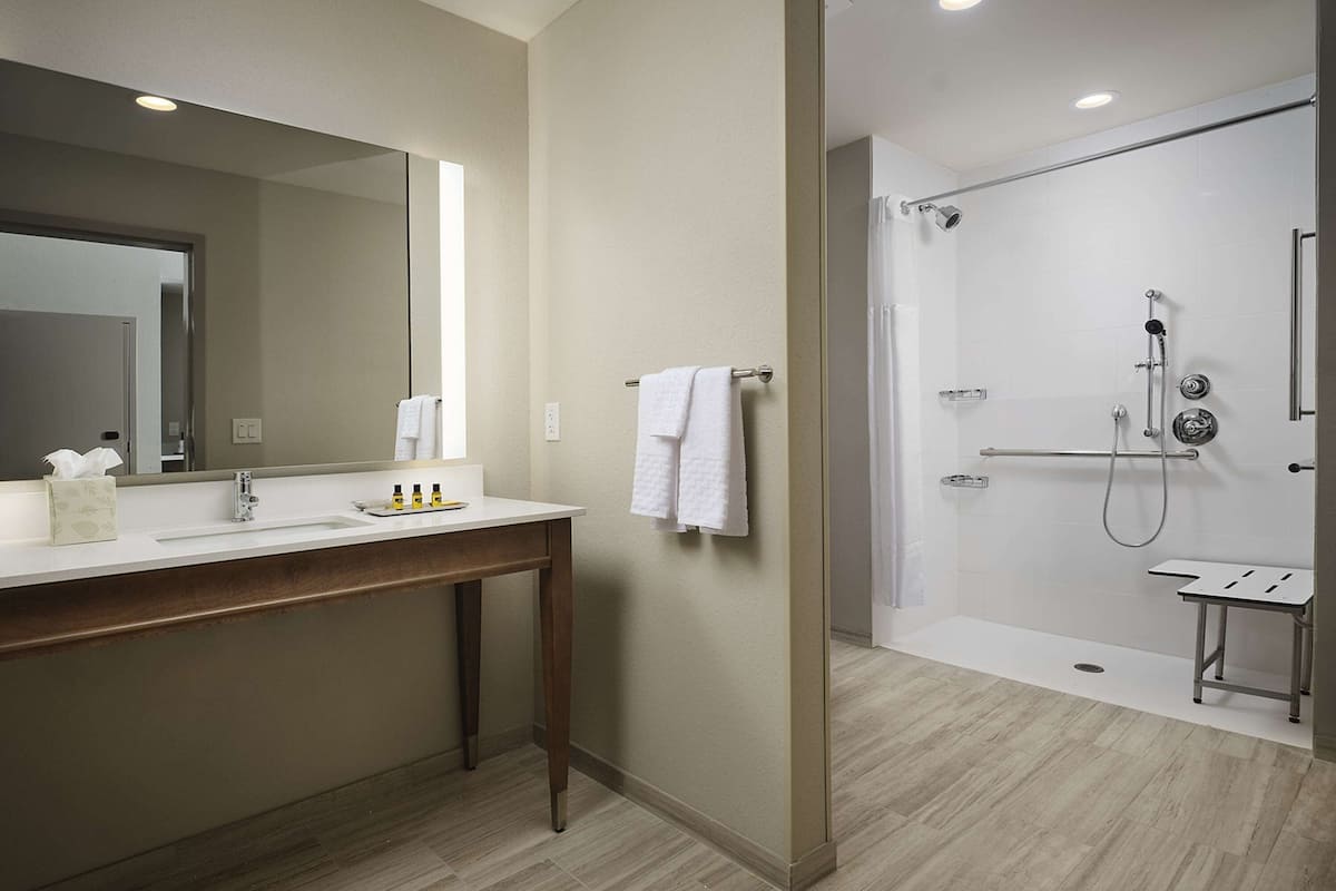 suite, 1 king bed with sofa bed, accessible, refrigerator & microwave (with sofabed) | bathroom | combined shower/bathtub, free toiletries, hair dryer, towels