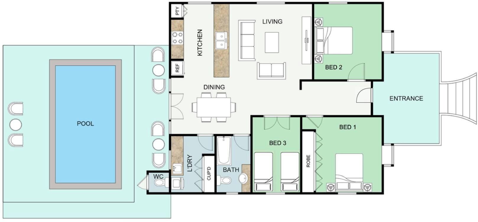 A floor plan with a pool, dining area, kitchen, living room, three bedrooms, and an entrance.