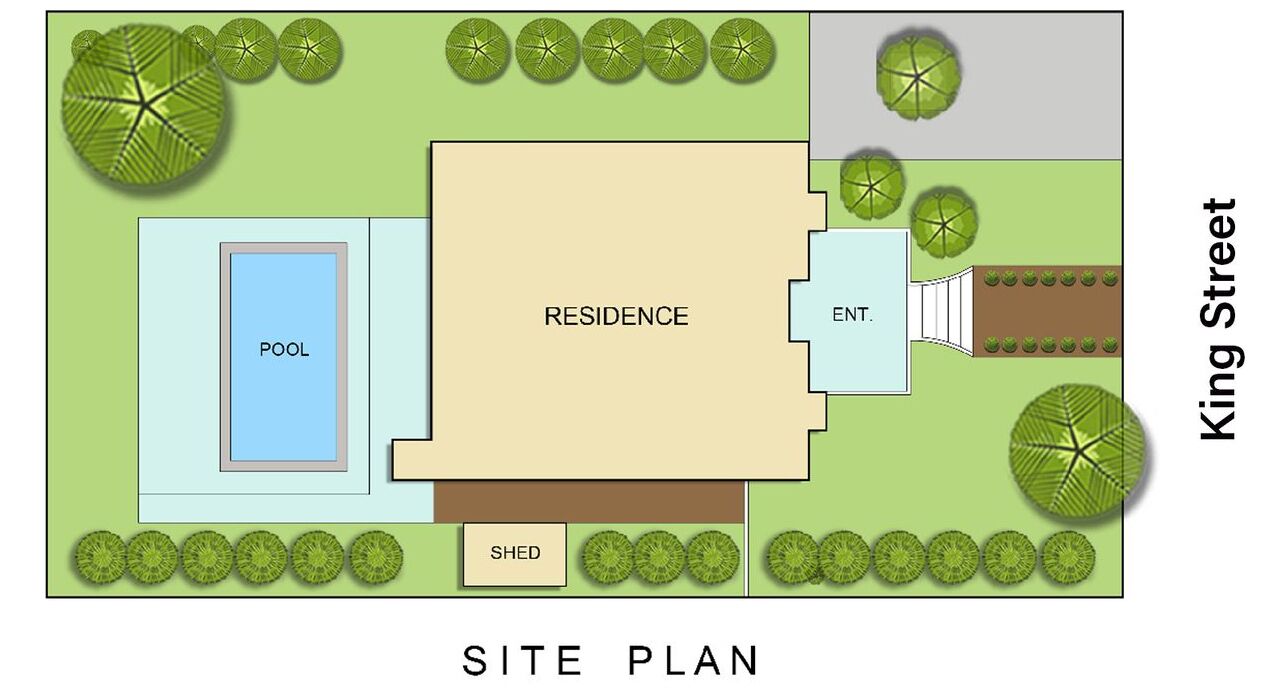 A site plan with a residence, pool, shed, and entrance.