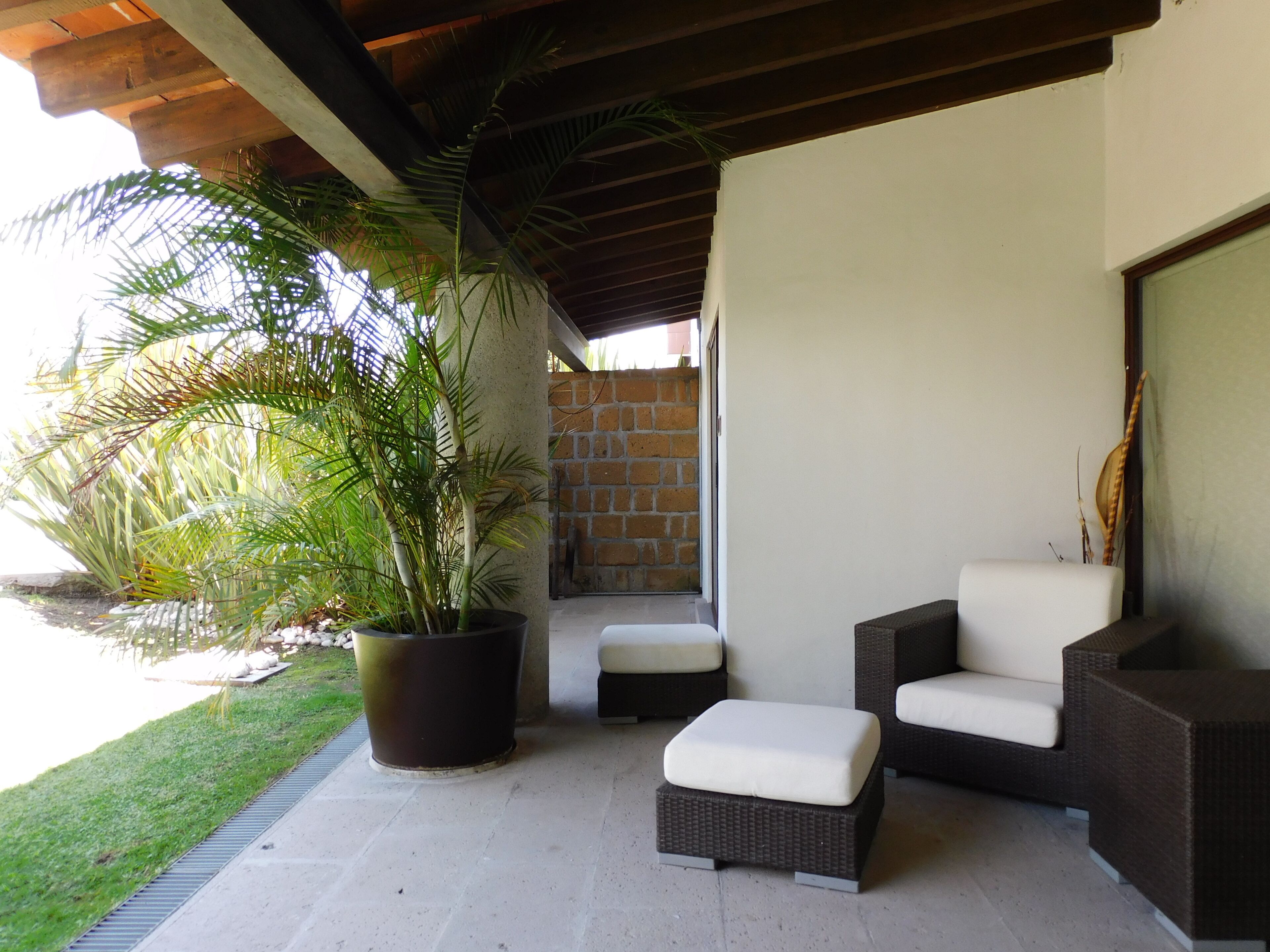 A covered patio area with wicker furniture, a large potted plant, and a view of a water body.