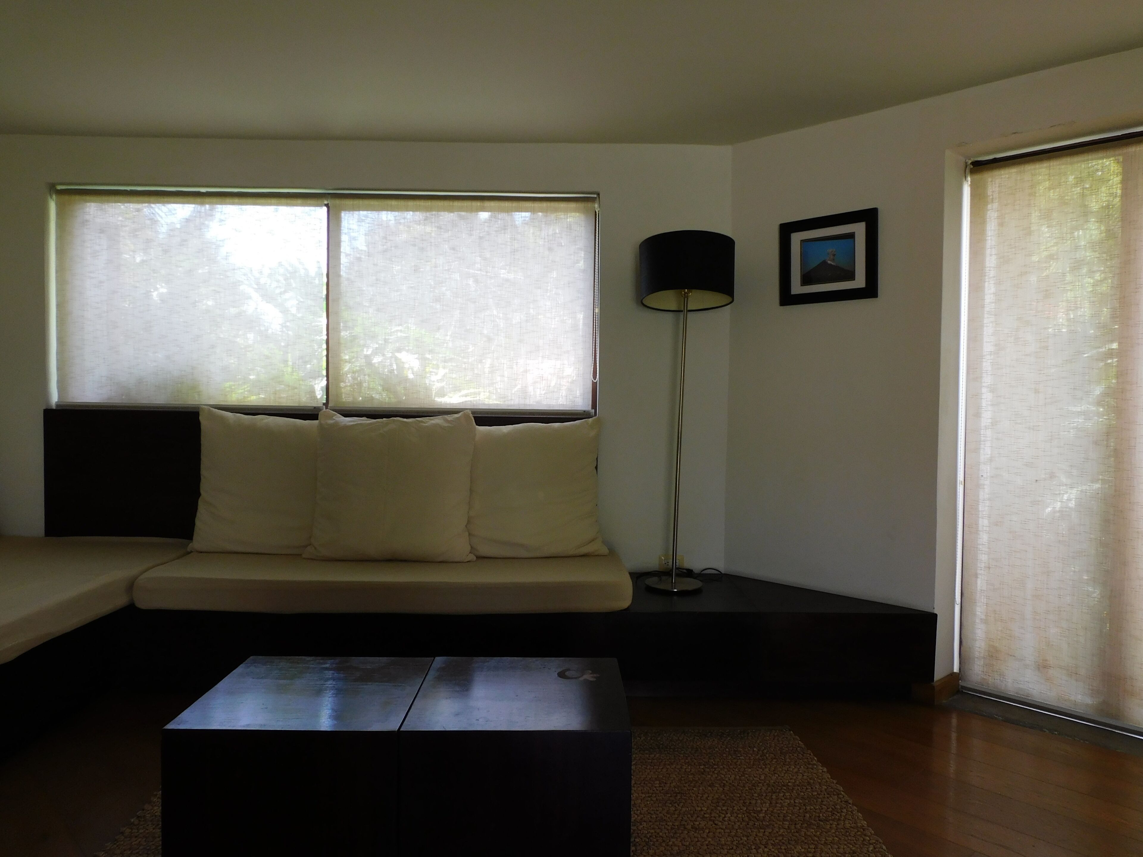 A living room with a sofa, a coffee table, a floor lamp, and a picture on the wall.