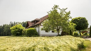 A house with a sloped roof, surrounded by a field of wheat, and adjacent to a large tree. - Holiday Apartment 1 on “Wagenberg” Farm with Mountain View, Wi-Fi & Garden (Deggenhausertal)