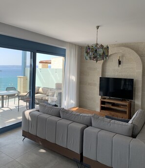 Villa - Beach Front | Living room | 50-inch Smart TV with satellite channels, TV, Netflix - Eco Life Stone Villa (Apokoronas)