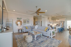 TV, fireplace - Steps to Crystal Beach: Gem w/ Ocean-View Deck! (Crystal Beach)