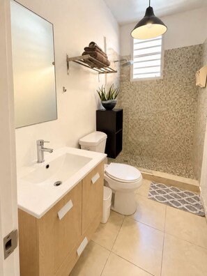 A modern bathroom with a white sink, a toilet, a shower area, and a hanging light fixture.