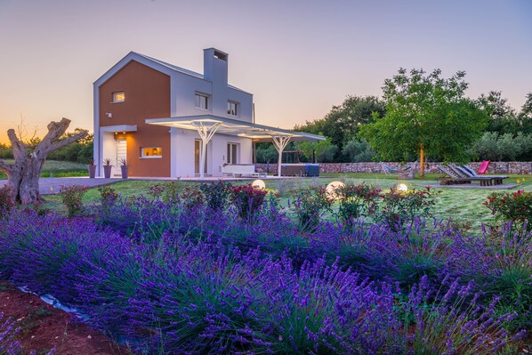 A modern two-story house with a patio area, surrounded by a garden with purple flowers.