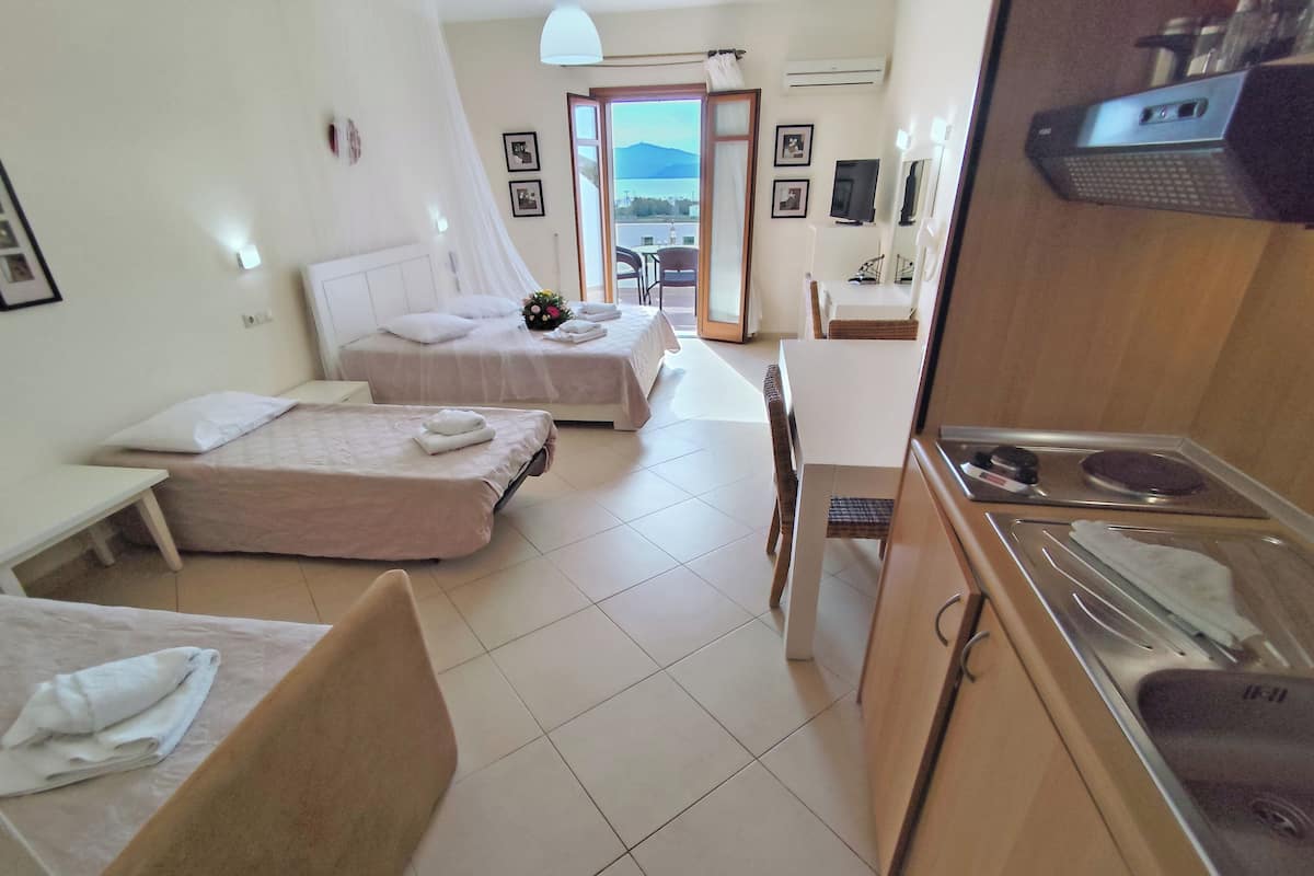 A hotel room with two beds, a kitchenette, and a view of the outdoors.