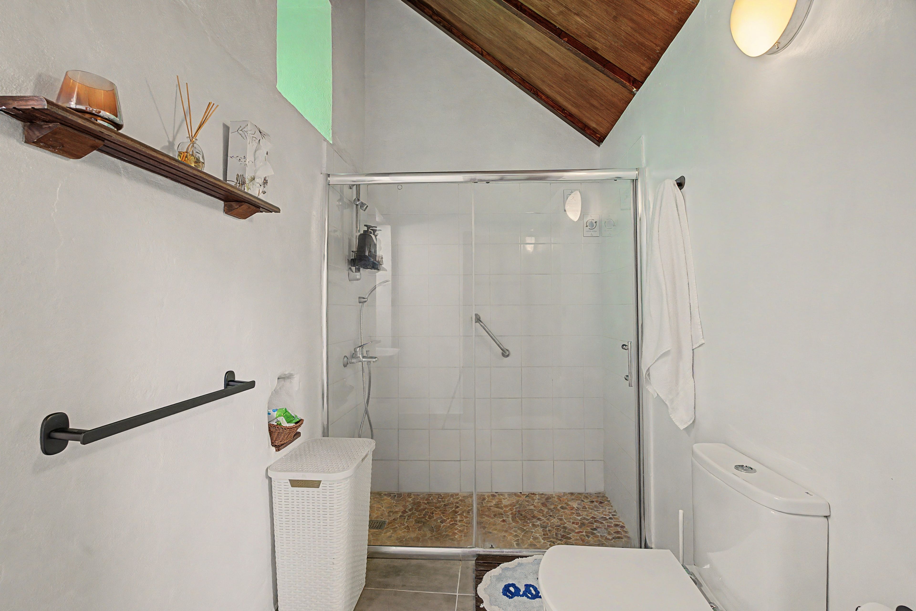 Een badkamer met een douche met glazen wand, een toilet, een handdoekrek en een plank met toiletartikelen.