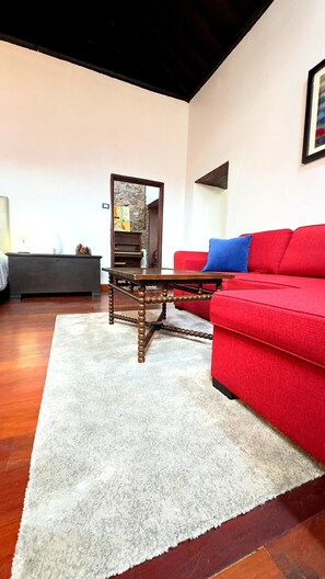 Una sala de estar con un sofá rojo, una mesa de centro de madera, un tapete blanco, un mueble de madera oscura y una chimenea de piedra.