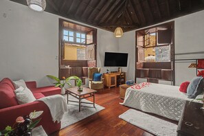 Una habitación acogedora con sofá, cama, escritorio y televisor.