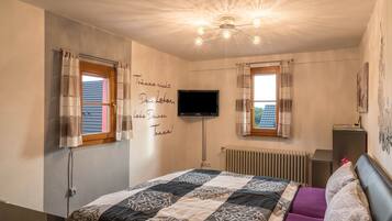 Une chambre à coucher avec un lit, une télévision, un radiateur et une fenêtre avec des rideaux.