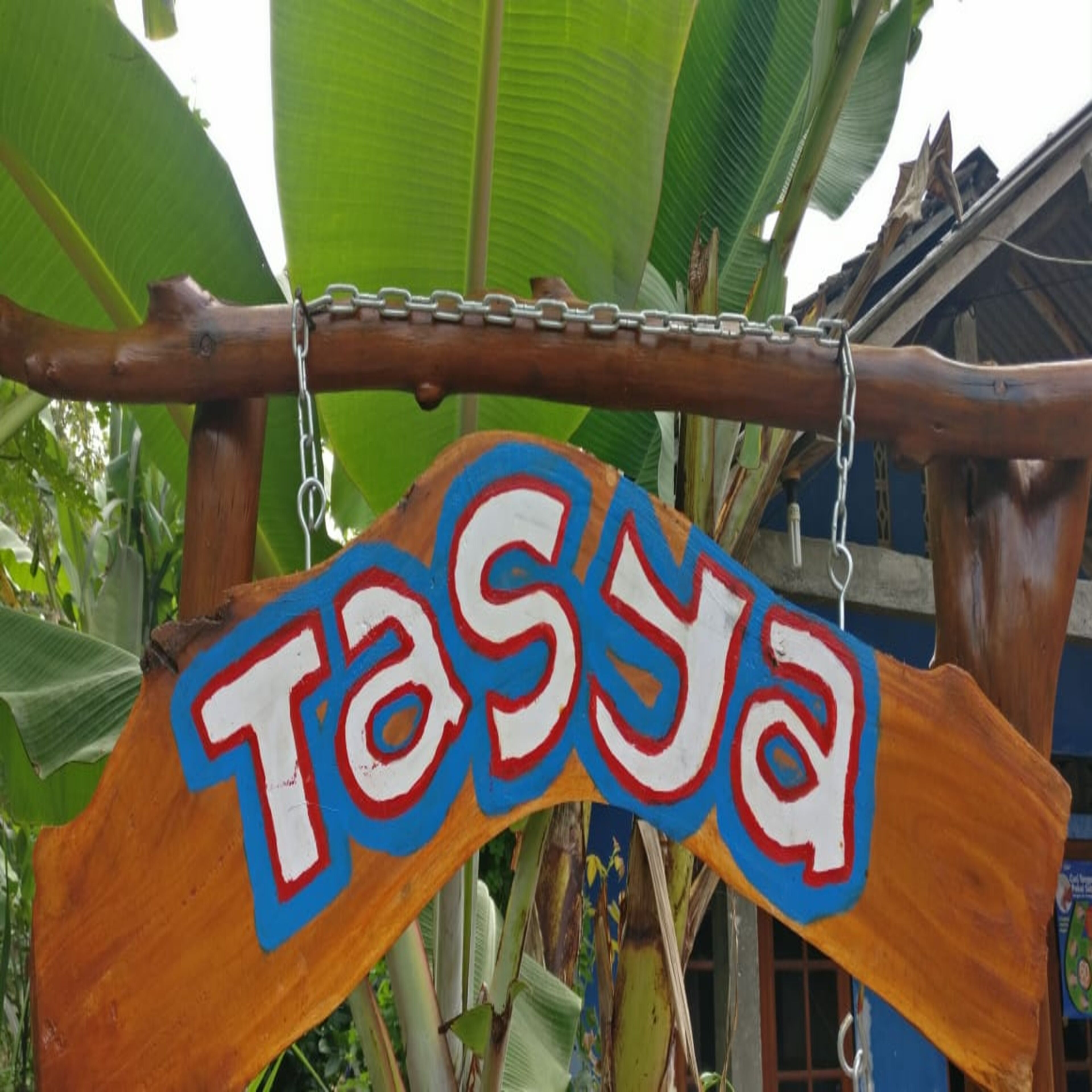 A wooden sign with the name 'Tasya' painted in bold colors.