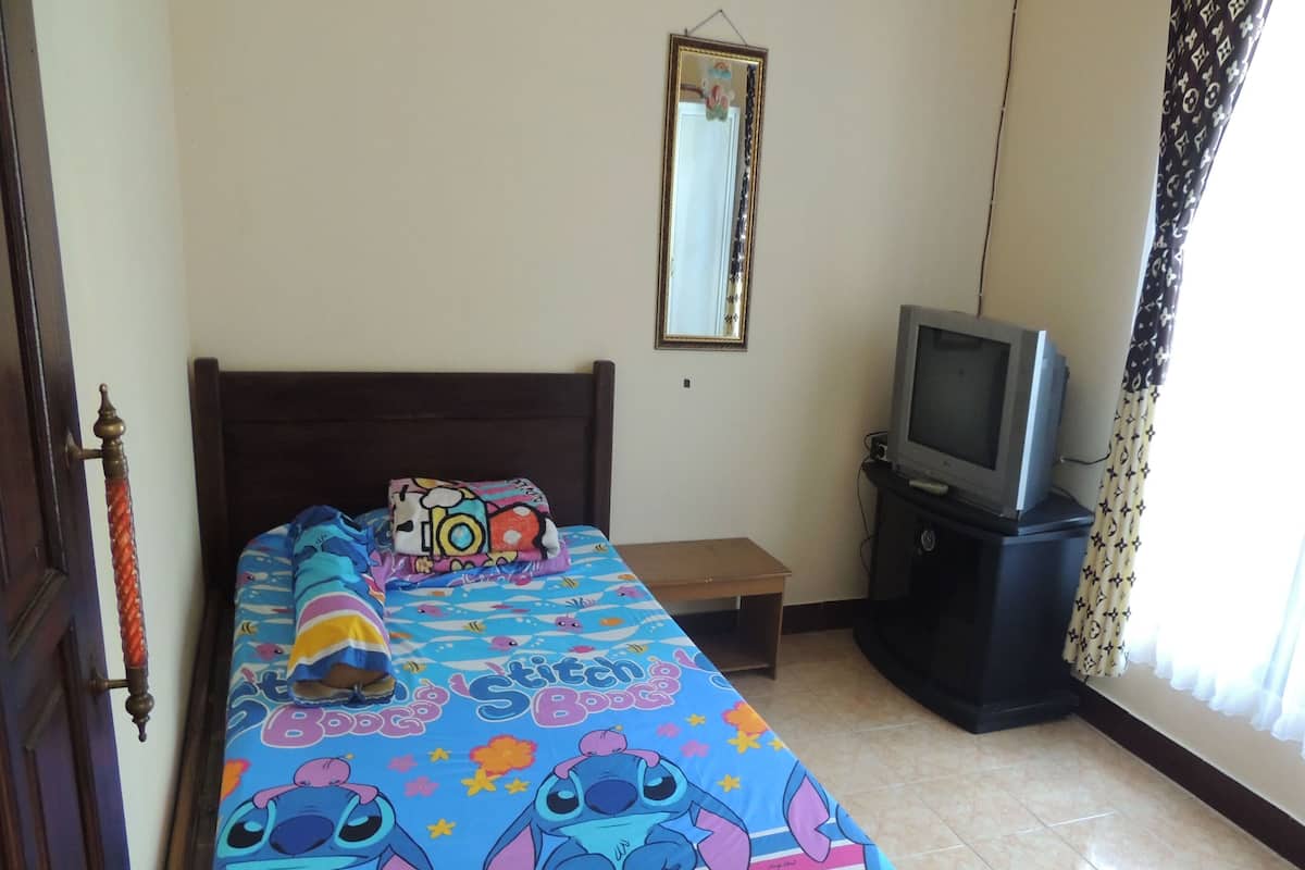 A bed with a colorful bedspread featuring cartoon characters, a wooden headboard, a small bedside table, a television on a stand, and a mirror on the wall.