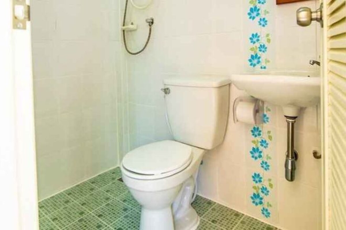 Shower, rainfall showerhead, free toiletries, hair dryer