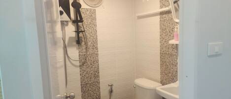 Une salle de bain équipée de toilettes, d’une douche et d’un ventilateur.