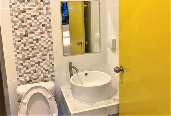 A bathroom with a toilet, a sink, and a mirror.