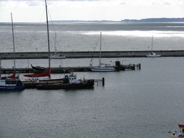 A marina with several boats docked, a pier extending into the water, and a distant shoreline. - Ferienapartment-ruegen (Rügen)