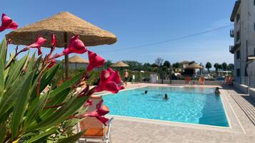 Sesongbasert utendørsbasseng, bassengparasoller og solsenger