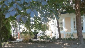 Ein Gartenbereich mit gepflastertem Weg, Bäumen und einem Gebäude mit großen Fenstern.