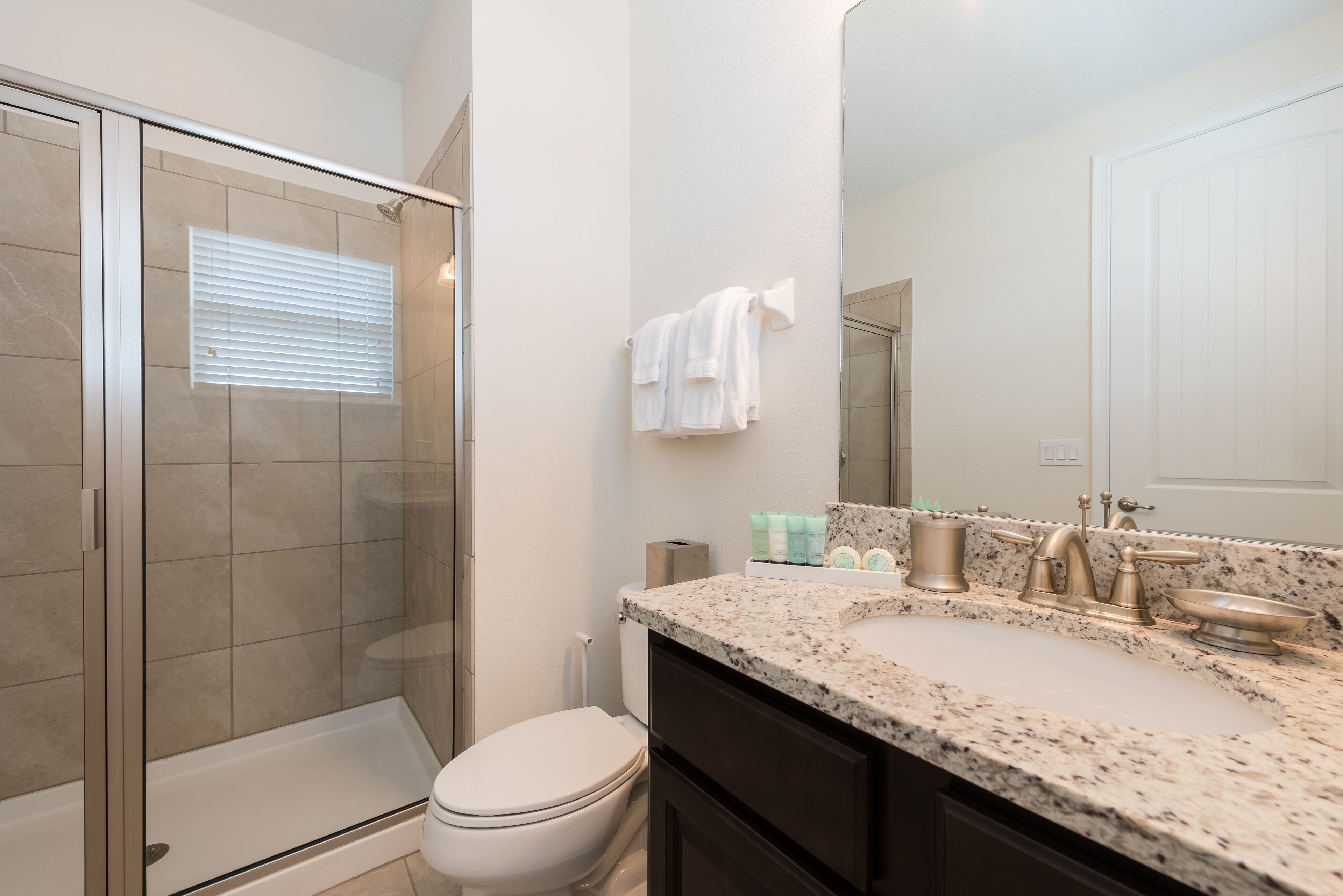 A bathroom with a glass-enclosed shower, a toilet, a sink with a granite countertop, and a mirror above the sink.