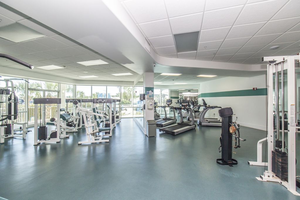 A gym with various exercise equipment, large windows, and a green wall.