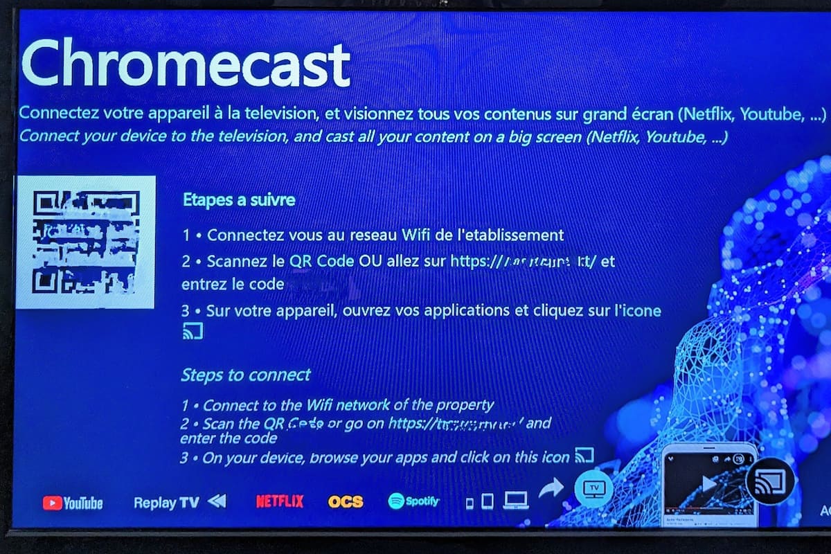 A screen with instructions for Chromecast setup, including steps to connect to a WiFi network, scan a QR code, and open apps on a device.