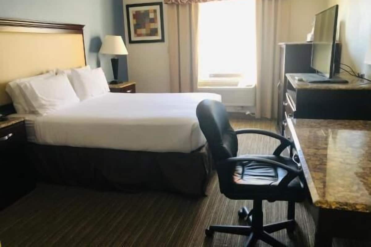 A hotel room with a bed, a desk, a chair, a television, a lamp, and a window.