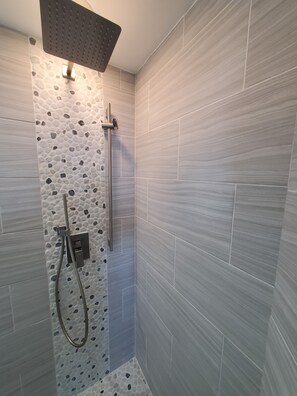 Combined shower/tub, hair dryer, bidet, towels