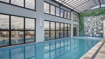 Indoor pool, open 9:00 AM to 10:00 PM, sun loungers
