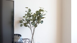 A modern room with a flat-screen TV, a geometric decorative item, and a vase with green foliage. - Bright & Sunny Beach House (Leça da Palmeira)