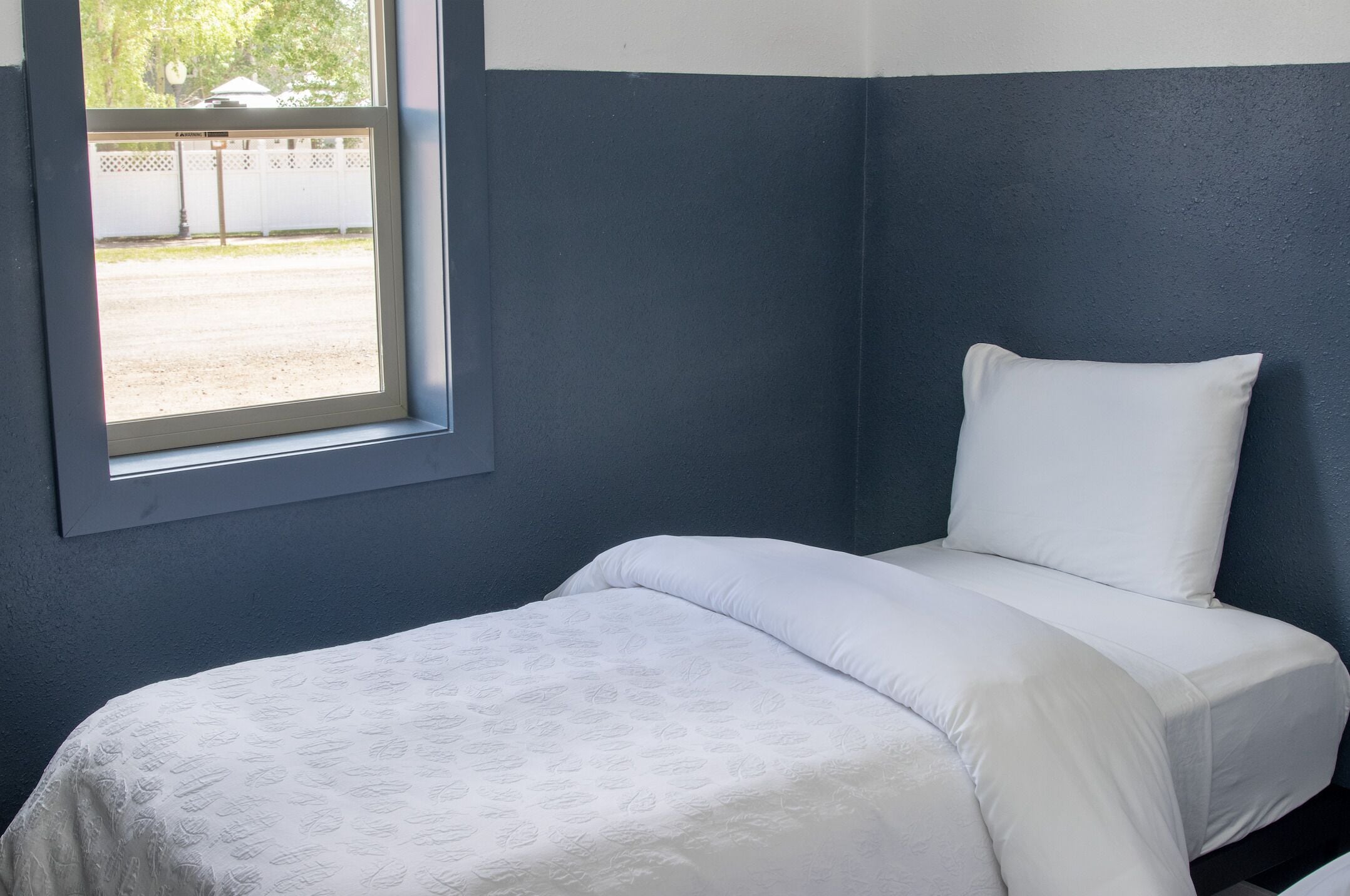 A bedroom with a single bed, a window, and a dark blue wall.