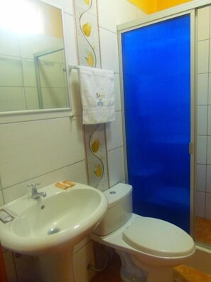 Shower, free toiletries, towels, soap