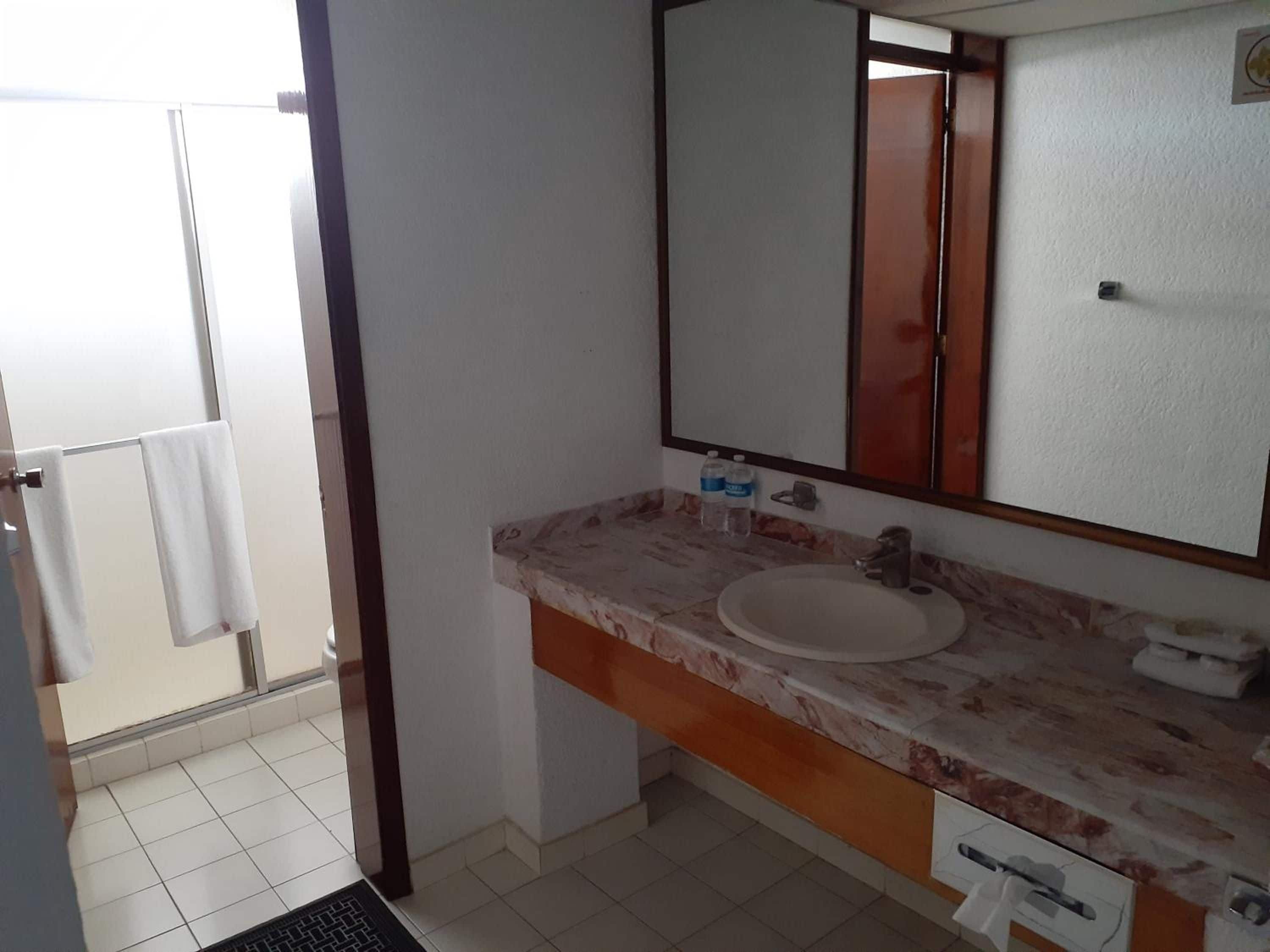 A bathroom with a white sink, a mirror, and a towel rack.