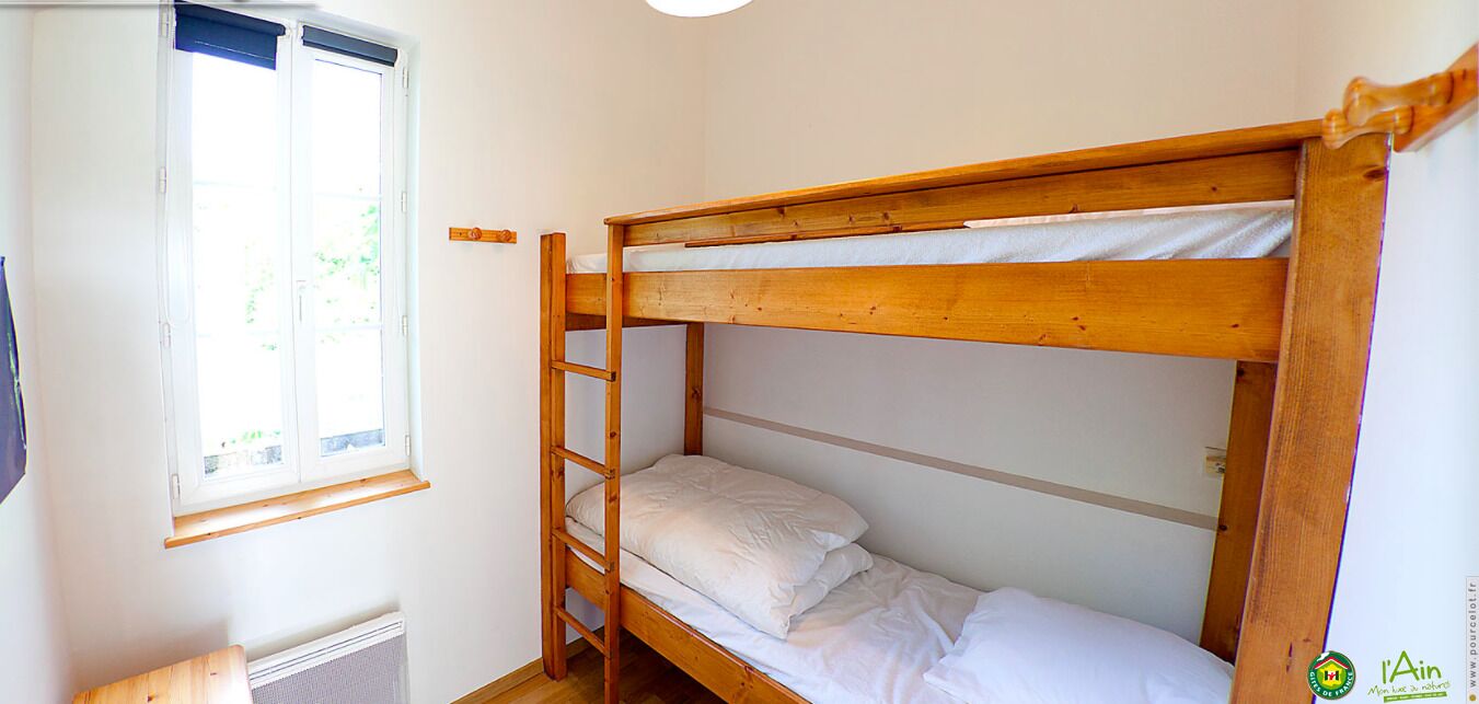 A bunk bed room with a window, a wooden ladder, and a small table.